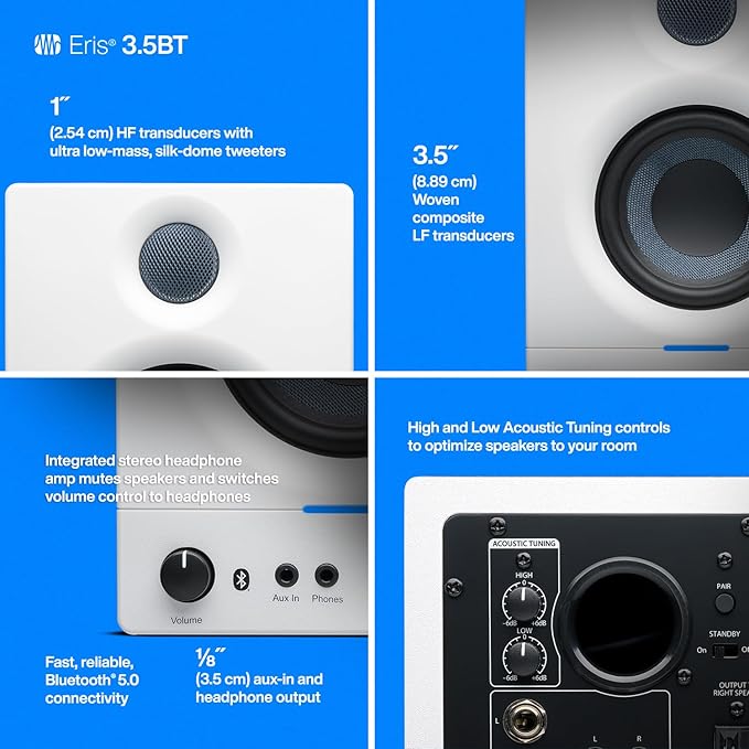 PreSonus Eris 3.5BT Studio Monitors, Pair — 3.5" Inch Powered Speakers, Bookshelf Speakers, Stereo, Desktop Computer, Near Field Music Production, Audio Mixing Recording