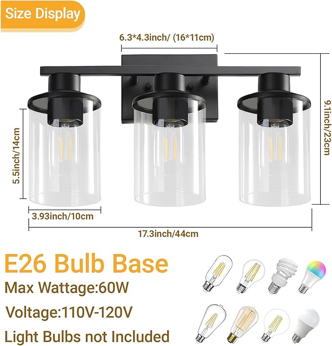 LOUSACE 3-Light Bathroom Light Fixtures, 17.3" Black Modern Vanity Lights with Clear Glass Shade, Bathroom Wall Lamp for Mirror Living Room Hallway Cabinet Porch, E26 Base