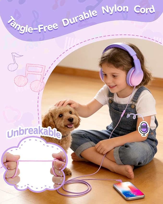 Over Ear Kids Headphones with HD Mic, Safe Volume Limited Wired Headphones for School, Travel, Stereo Sound Headphones with Cord, Foldable 3.5mm Headphones for iPad, Laptop, PC, Purple-Pink