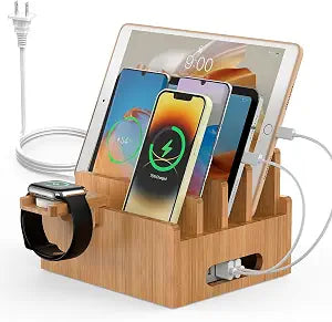 Pezin & Hulin Bamboo Charging Stations with 5 Port USB Charger & 5 Cables
