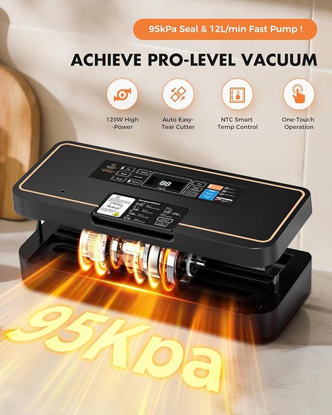 Vacuum Sealer for Food, 95kPa Food Vacuum Saver Sealer Machine, 135W 12L/min Fast-Sealing with Auto Tear-Cut,Digital Timer, Built-in Cutter, Bag Storage and One Bag Roll, 9-in-1 Compact Vacuum Sealer