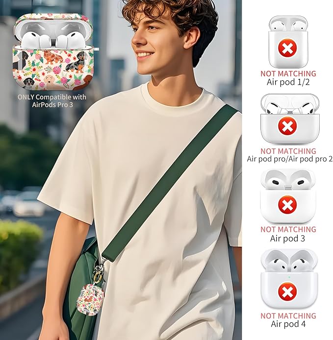 Compatible with AirPods Pro 3 (2025) Case, Airpod Pro 3 Protective Cover with Cute Golden Keychain for Girls & Women (Dachshund Sausage Dogs Puppies Pink Flowers)