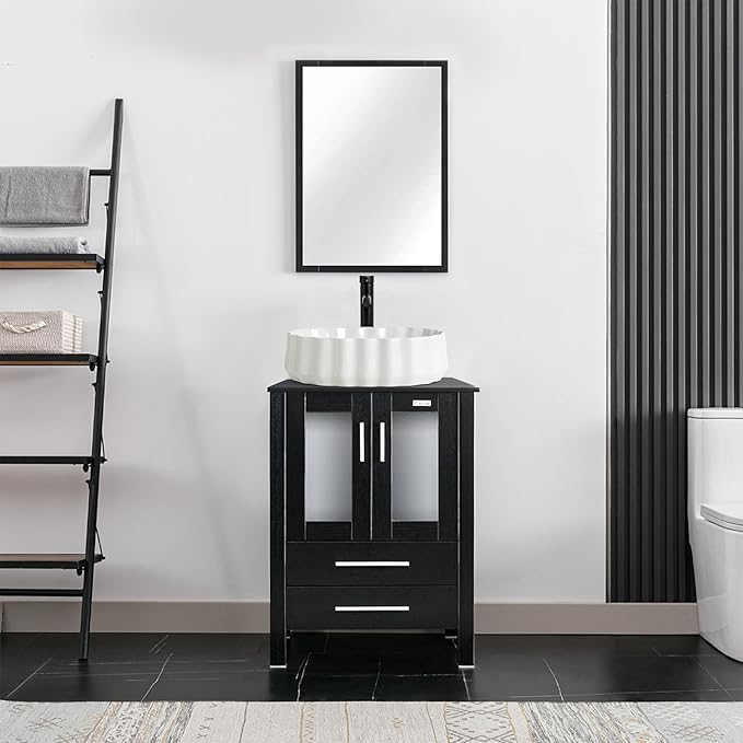 eclife 24" Modern Bathroom Vanity Sink Combo Freestanding Cabinet with Soft Closing Door, White Shell Ceramic Vessel Sink, Water Save Faucet, Drain (Black+T54)