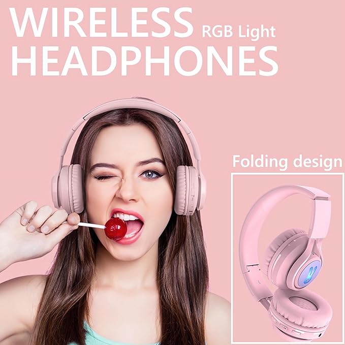Kids Bluetooth Headphones,85db Volume Limit,Hearing Protection,Wireless Headphones with Mic,Music,Chat,Kids Mode,Normal Mode,Wireless and Wired,LED Light,for Children Adults,Pink