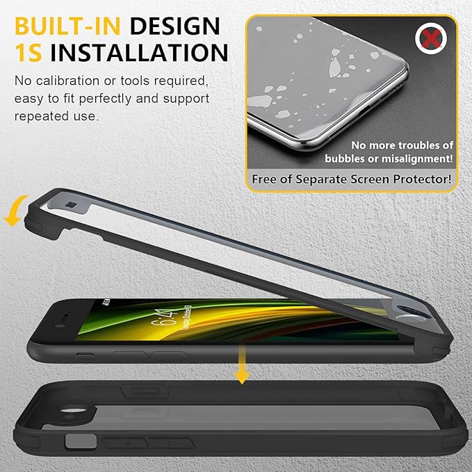 Miracase for iPhone SE Phone Case 3rd/2nd Generation 2022 2020 Full-Body with Built-in Glass Screen Protector, Heavy Duty 360° Protective Shockproof Bumper Cover for iPhone 8/SE 4.7 Inch, Black