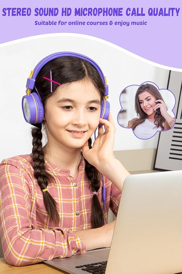 New bee Kids Headphones for School with Microphone KH20 HD Stereo Safe Volume Limited 85dB/94dB Foldable Lightweight On-Ear Headphone for PC/Mac/Android/Kindle/Tablet/Pad (Purple)
