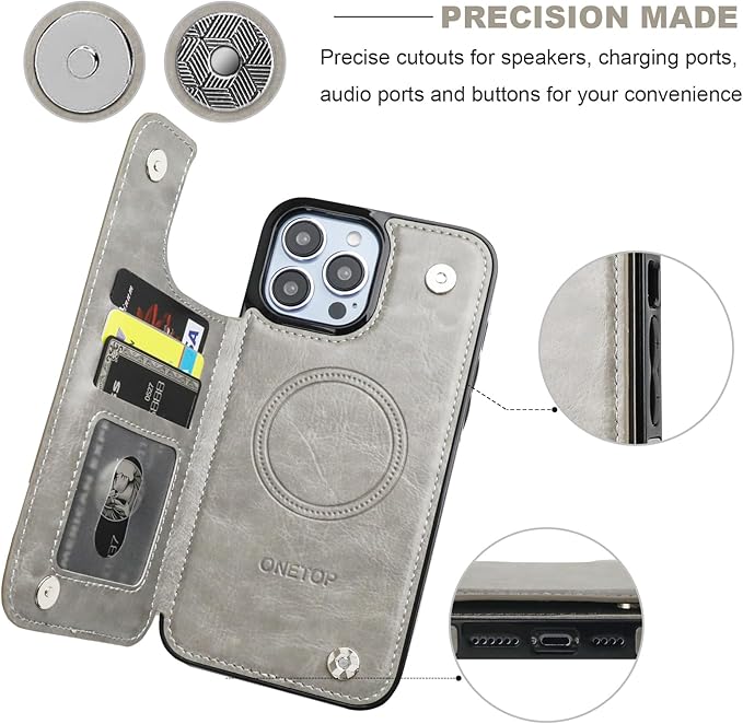 ONETOP Compatible with Magsafe for iPhone 13 Pro Max Wallet Case with Card Holder, PU Leather Kickstand RFID Blocking Case, Double Magnetic Clasp and Durable Shockproof Cover 6.7 Inch (Grey)