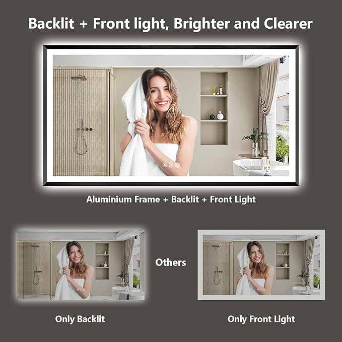 72x36 Black Framed LED Bathroom Mirror with Lights, Backlit and Front Light, Lighted Bathroom Vanity Mirror for Wall Dimmable Anti-Fog Memory Tempered Glass Horizontal/Vertical