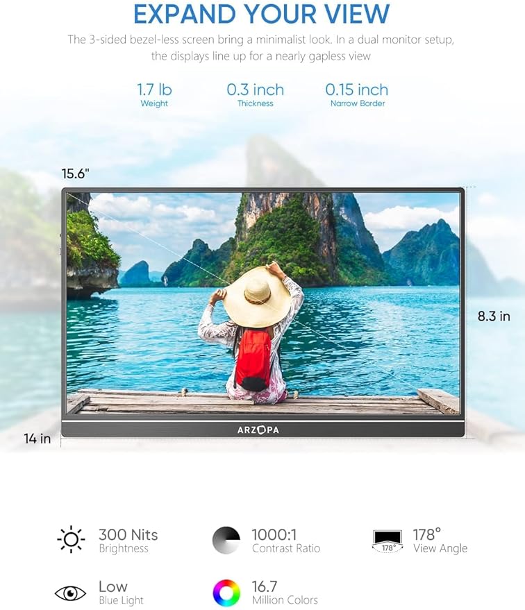 ARZOPA Portable Monitor, 15.6'' 1080P FHD Laptop Monitor USB C HDMI Computer Display HDR Eye Care External Screen w/Smart Cover for Mac Phone Xbox Switch PS5-S1 Table