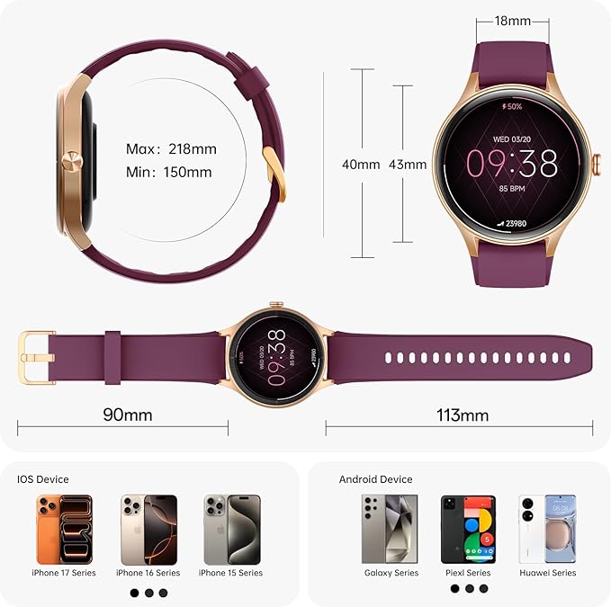 Smart Watch for Women,1.57inch AMOLED Touchscreen Fitness Watch for iPhone & Android,Heart Rate/Sp02/Sleep Monitor,110+ Sport Modes IP68 Waterproof Bluetooth Calls,2 Bands (Purple, 1.57)