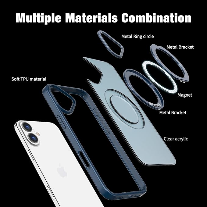 for iPhone 16 Case with Screen Protector & Lens Protector [15 FT Military Drop Protection] Magnetic Kickstand Compatible with MagSafe Slim Translucent Case (Navy Blue)