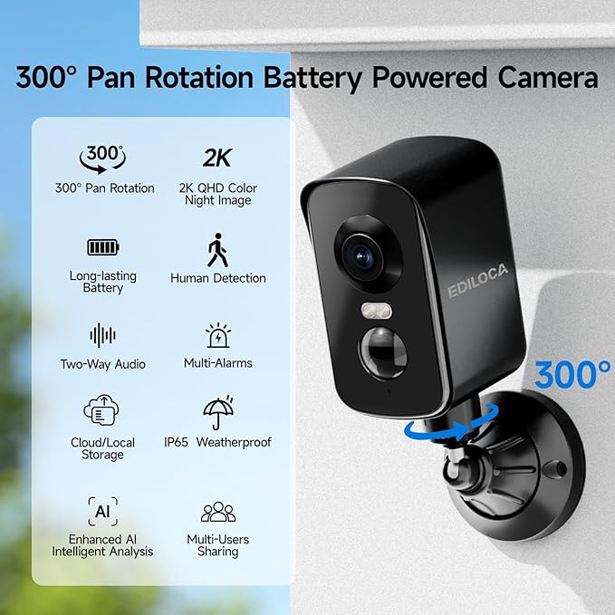 Security Cameras Wireless Outdoor, 2K Pan Rotating 300° Battery Powered WiFi Camera with PIR Human Detection, Color Night Vision, 2-Way Audio, Alarm, Weatherproof, Cloud/Local Storage
