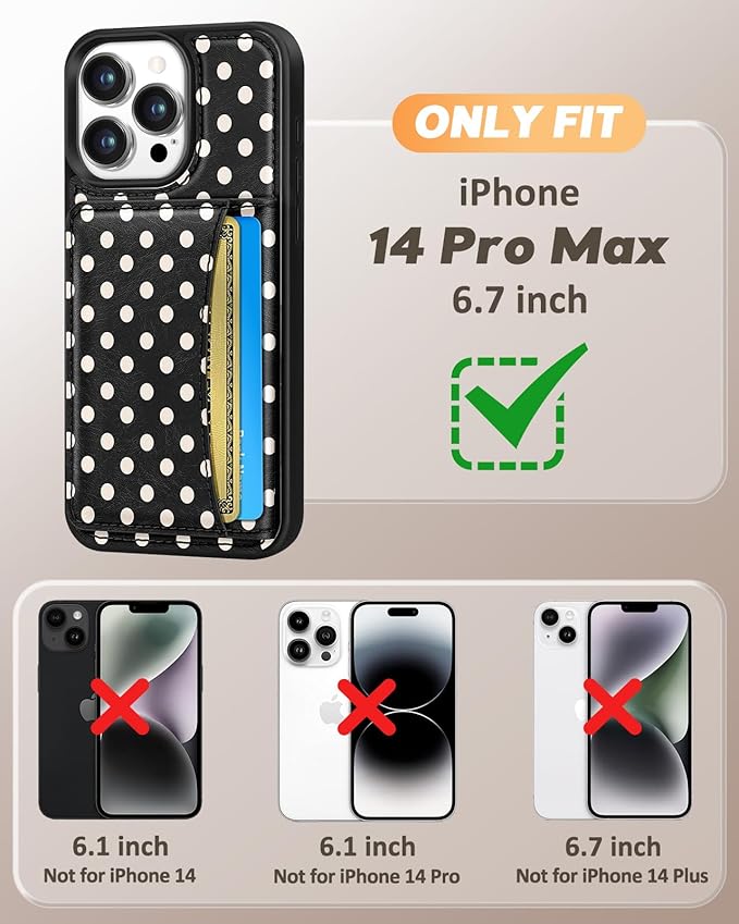 for iPhone 14 Pro Max Case with Wallet - Fits 4 Card Slots, Compatible with MagSafe for Women Aesthetic PU Leather Credit Card Holder Kickstand Phone Cover for Apple 14 Promax, Black Polka