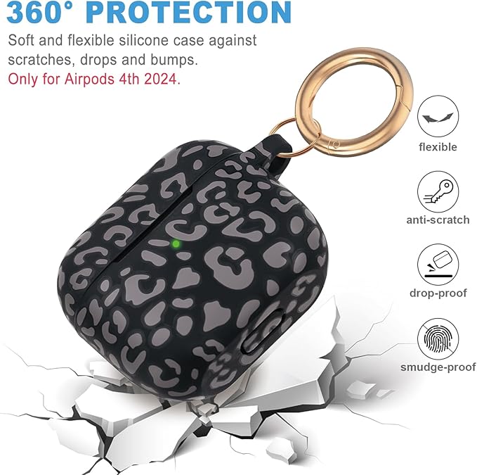 Silicone Leopard AirPods 4 Case 2024, Gawnock Case Cover for Apple Airpods 4th Generation Print Soft Flexible Cover for Air Pod 4th Women Girls, Skin with Keychain - Leopard Gray