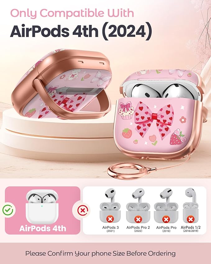 Coralogo for AirPods 4 Case with Safety Lock - Cute Cartoon for Women Girls Fashion Stylish Bow Cake Pattern Design Kawaii Girly Girlish Hard Protective Cover for AirPods 4th Generation 2024
