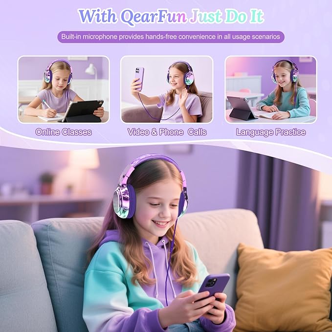 QearFun USB C Kids Headphones Wired with Mic, 85/94dB Safe Volume Limit, Foldable Over Ear, Tangle-Free Cord & Sharing Port, Wired On-Ear Headset for School, Chromebook, Tablet, Travel-Boys & Girls