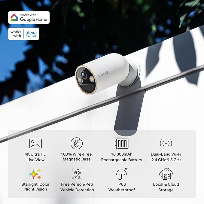 Smart Security Tapo 4K Ultra HD Outdoor Battery Security Camera – Up to 200 Day Battery, Free Person/Vehicle Detection, Starlight Color Night Vision, Works w/Alexa and Google Assistant, MagCam 4K