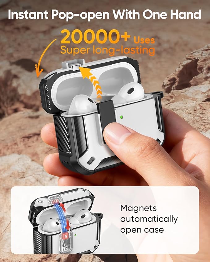 MoKo for AirPods Pro 3 Case with Lock 2025 - Compatible with MagSafe, Phone Stand & Auto Pop-up for AirPods Pro 3rd Generation Case, Military-Grade Protective Cover with Cleaner Kit, Black + White