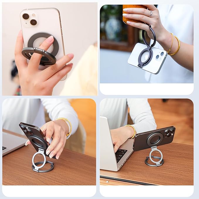 Magnetic Phone Ring Holder, Foldable 2 in 1 Ring and Kickstand Adjustable Phone Stand for Desk, Portable Cellphone Grip for iPhone 16/15/14/13/12 Series and Other Phones