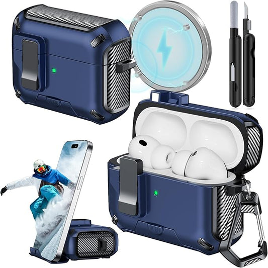 for AirPods Pro 3 Case (2025) with Phone Stand,（with Automatic Snap Switch） Carbon Fiber Design Protection Cover with Cleaning Pen,Bue