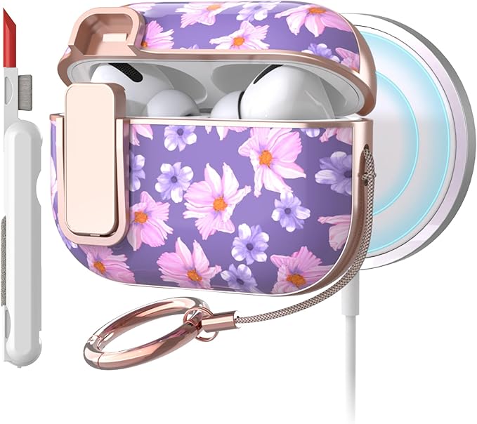 TATOFY for AirPods Pro 2nd Generation Case with Lock Carabiner Cleaner, Slim AirPod Pro 1st & 2nd Hard Case Cover, Compatible with MagSafe (Purple)