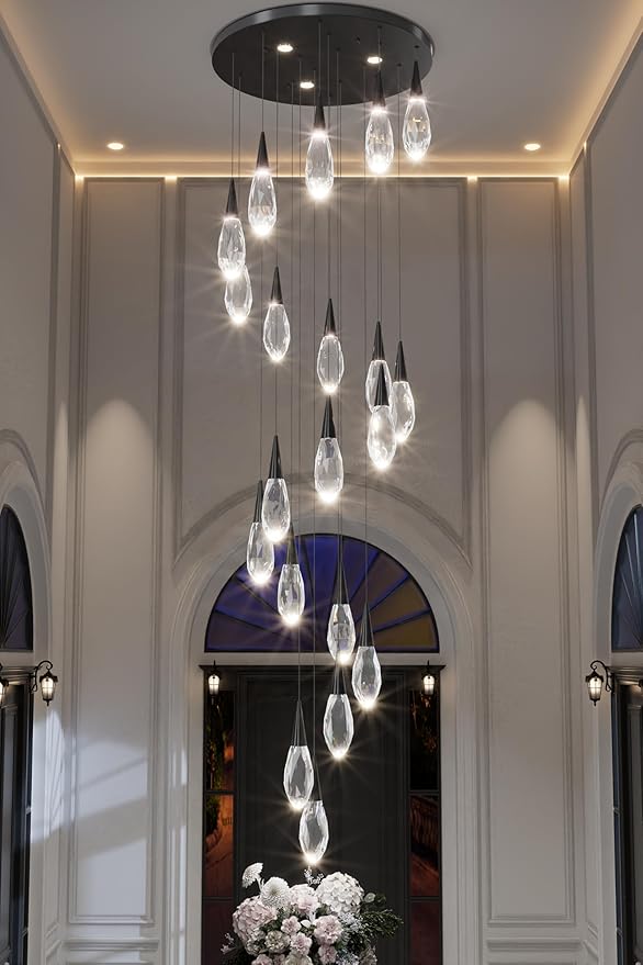 20 Lights Large Chandelie for High Ceiling Black Pendant Light Fixture with Dimmable Big Crystal Chandelier for Staircase Foyer Villa