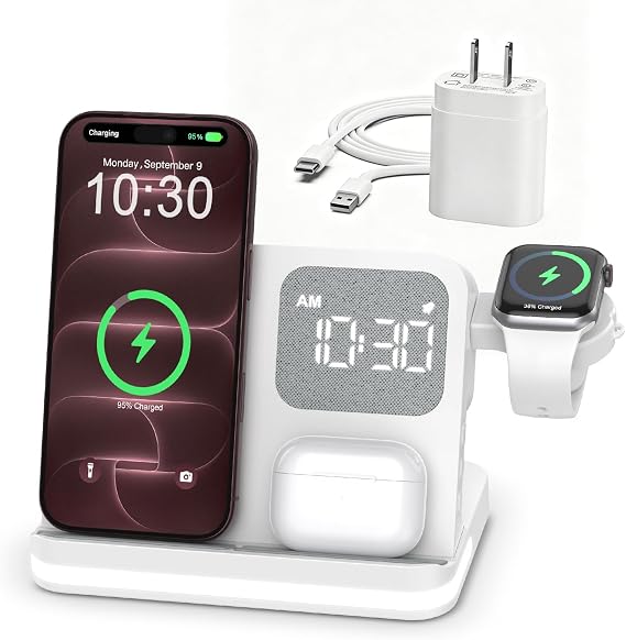 Wireless Charging Station Alarm Clock for iPhone Samsung, 5 in 1 Wireless Charger Stand with 18W Adapter, 3 Levels Night Light, Lamp Charging Station for iPhone 18-12 Series, iWatch/AirPod