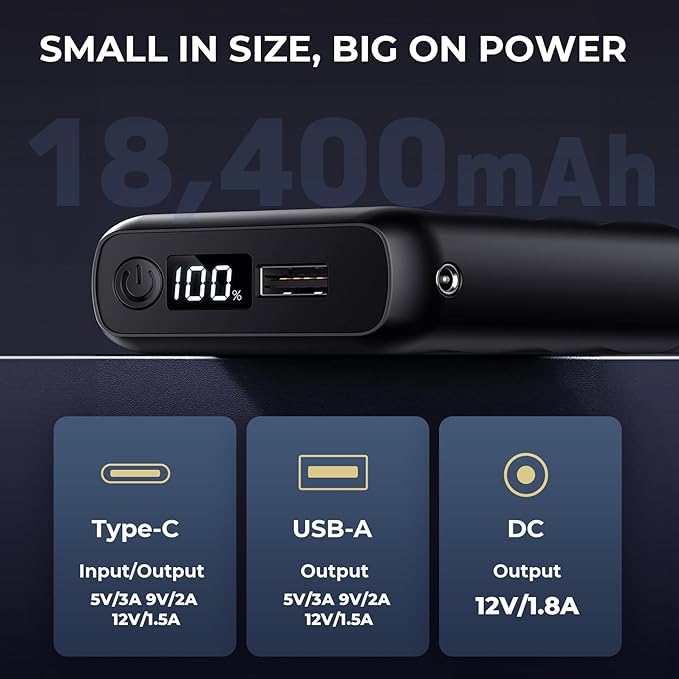 𝟭𝟮𝗩 𝟭𝟴𝟰𝟬𝟬𝗺𝗔𝗵 Heated Jacket Battery Pack - Power Bank with LED Display and 2 Adapter Cables for Wulcea, ULUSERN, Genovega, and Other Outdoor Heating Coat