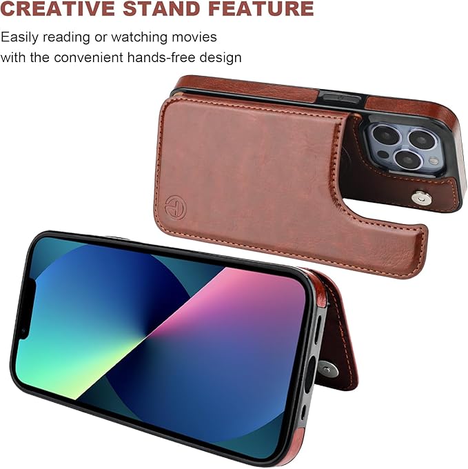 ONETOP Compatible with Magsafe for iPhone 13 Pro Wallet Case with Card Holder, PU Leather Kickstand RFID Blocking Case, Double Magnetic Clasp and Durable Shockproof Cover 6.1 Inch (Brown)