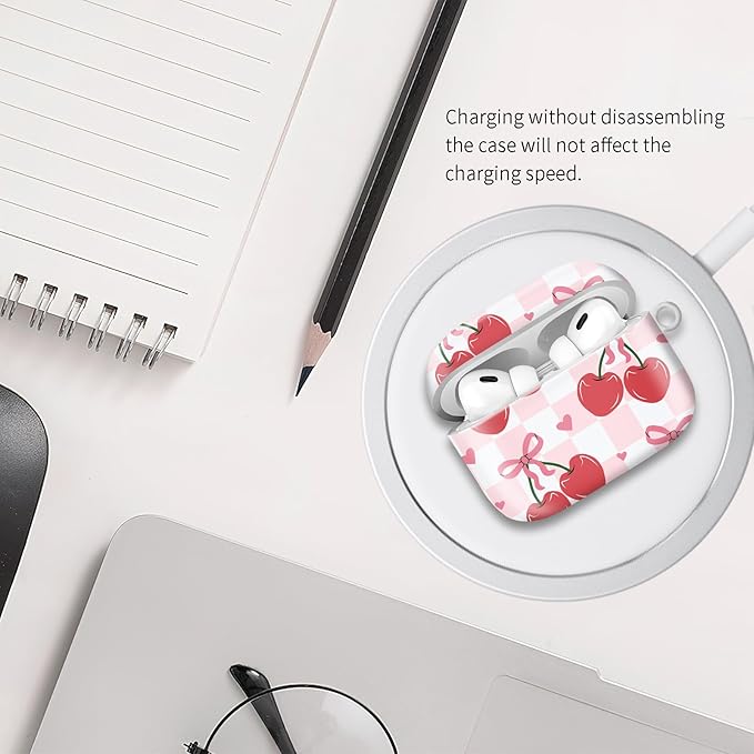 Compatible with Airpod pro 2nd/1st Generation Case Cover with Gold Round Keychain Cute Pattern Hard & Anti Slip Cover for Men Women & Girls（Bow Cherry）