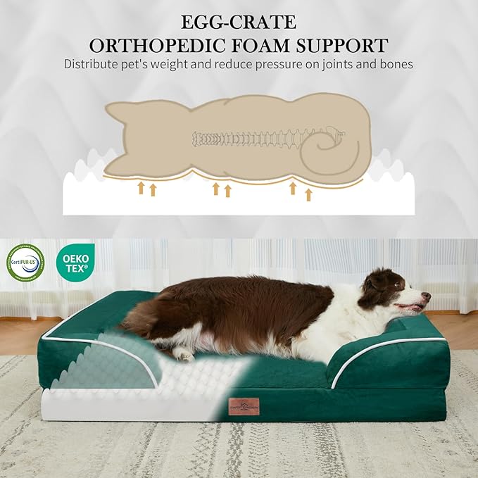 Comfort Expression Orthopedic Dog Bed for Large Dogs 38x25 Inch, Waterproof Supportive Egg Crate Foam Large Pet Bed with Removable Bolsters, Dog Couch with Washable Cover & Non-Slip Bottom, Emerald
