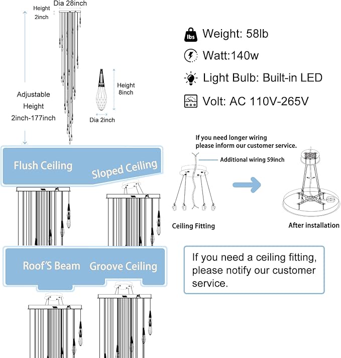 H 177" Moderm Extra Large Chandelier 36-Lights Foyer Chandelier for High Ceiling Crystal Pendant Light Fixture Raindrop Chandeliers for Staircase Villa Living Room (Silver