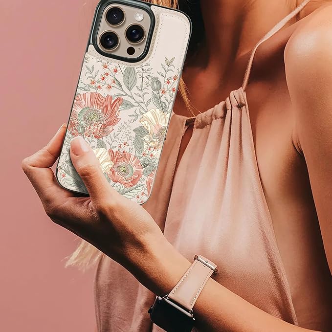 uCOLOR for iPhone 14 Pro 6.1" Wallet Case Magsafe with Card Holder Slot【Compatible with MagSafe】 Folio Flip PU Leather Double Magnetic RFID Design with Camera Lens Protector (Pink Vintage Flowers)