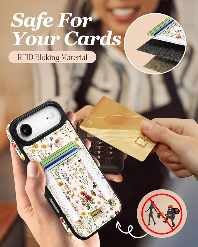 Shorogyt for iPhone Air Wallet Case - Fits 5 Cards, Compatible with Magsafe Detachable Magnetic Credit Card Holder Leather Cardholder Cute Phone Cover Women Girls for Apple 17 Air, Floral