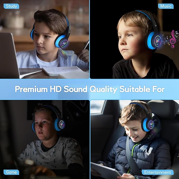 LOBKIN Kids Headphones Bluetooth 5.4,Over Ear Kids Headphones Wireless with Mic 50H Playtime Colorful LED Lights AUX Cord 94dB Safe Volume Limited Foldable Design for Boy Girl Travel/School/iPad