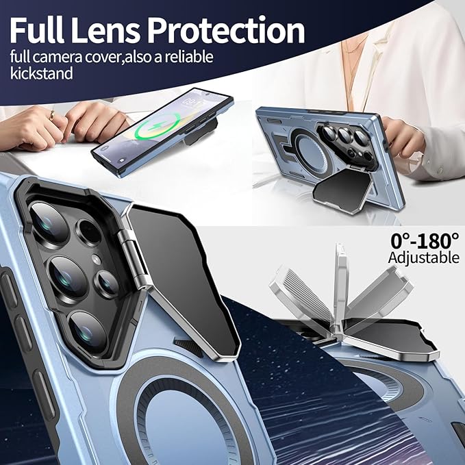 Camera Stand Case for Galaxy S24 Ultra, [Compatible with MagSafe][Lens Cover] 2024 Version Military Grade Protective Soft Case for Samsung Galaxy S24 Ultra 6.8" Men Women, Blue