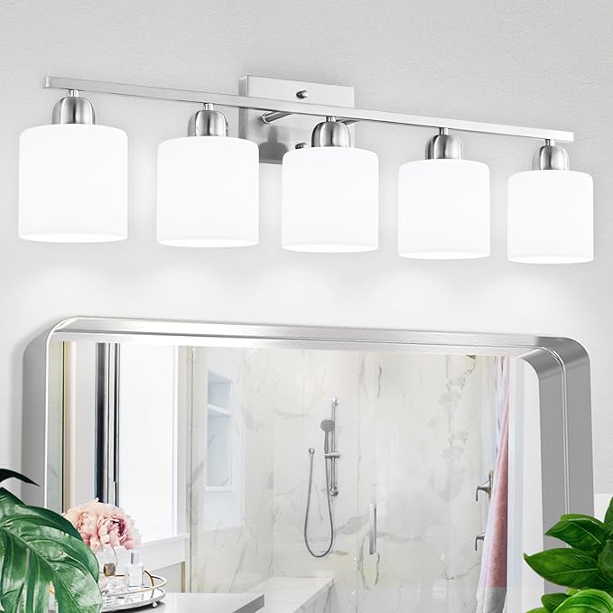 5 Light Bathroom Light Fixtures Brushed Nickel, Bathroom Vanity Light with Milky White Frosted Glass Shade, Vanity Lights for Mirror Bedroom Living Room E26 Base
