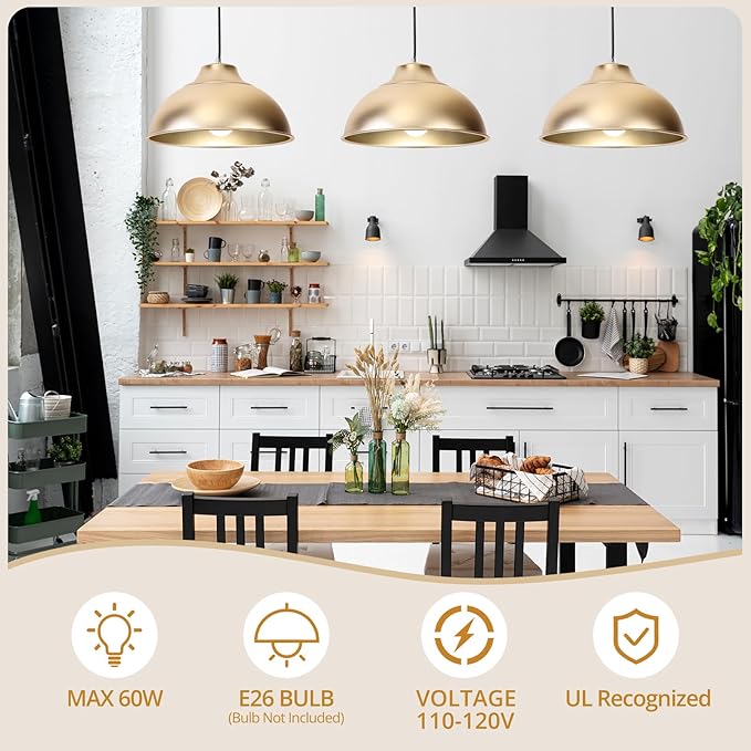 11.8" Aluminum Modern Farmhouse Pendant Light,Adjustable Height 47 Inch Cord Dimmable Compatible E26 Base Sandblasting Oxidation Round Dome Hanging Light Fixture for Kitchen Island Indoor (Gold)