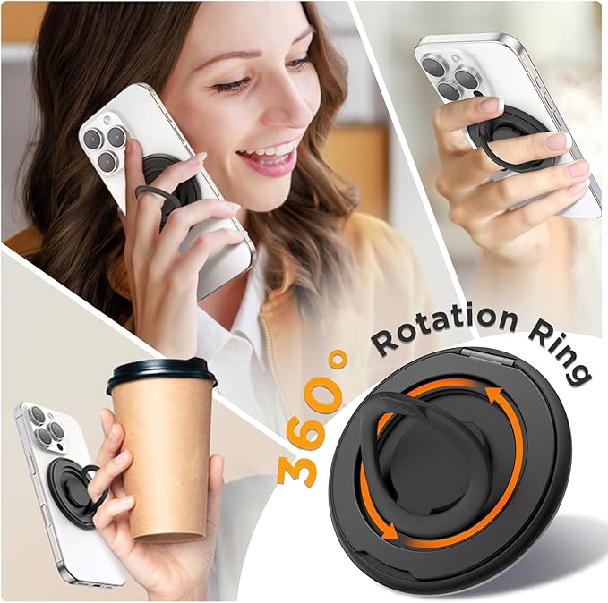 SURPHY Magnetic Phone Ring Holder for MagSafe, Cell Phone Grip Stand and Silicone Finger Ring Compatible with MagSafe Accessories, Kickstand for iPhone 16 15 14 13, Black