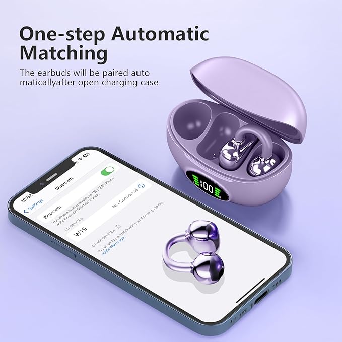 Clip on Headphones,Open Bluetooth 5.4 Earbuds with LED Digital Display Built-in Mic IPX7 Waterproof 50H Playback Sports Bone Conduction Earphones Suitable for Small Ears and Eyeglass Wearers (Purple)4