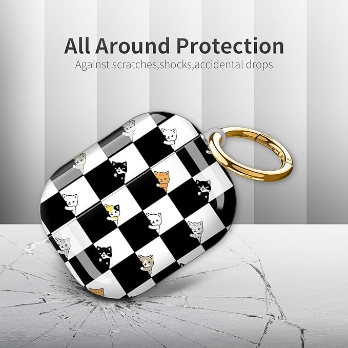 Compatible with AirPod Pro 3rd Generation Case 2025,Fashion Protective Cover with Keychain, Anti-Scratch, Drop Protection,Shockproof Cover for AirPod Pro 3 Women(Black White Checkered Cat)