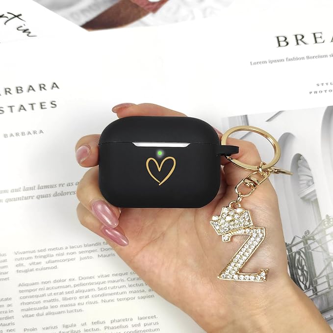 Compatible with AirPods Pro 3 Case Cover (2025), Soft Silicone Case with Gold Heart Pattern for AirPods Pro 3rd Generation Case with Rhinestone Studded Letter A-Z Keychain (Z Black)