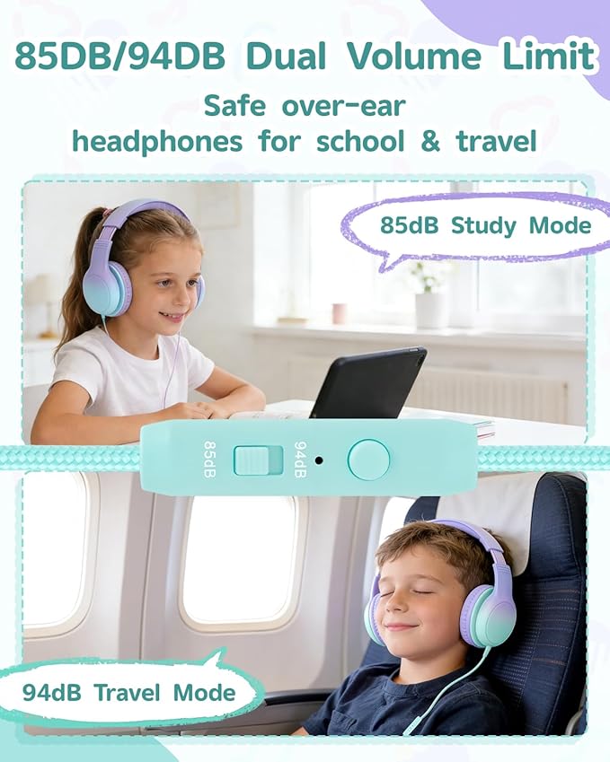 Over Ear Kids Headphones with HD Mic, Safe Volume Limited Wired Headphones for School, Travel, Stereo Sound Headphones with Cord, Foldable 3.5mm Headphones for iPad, Laptop, PC, Purple-Green