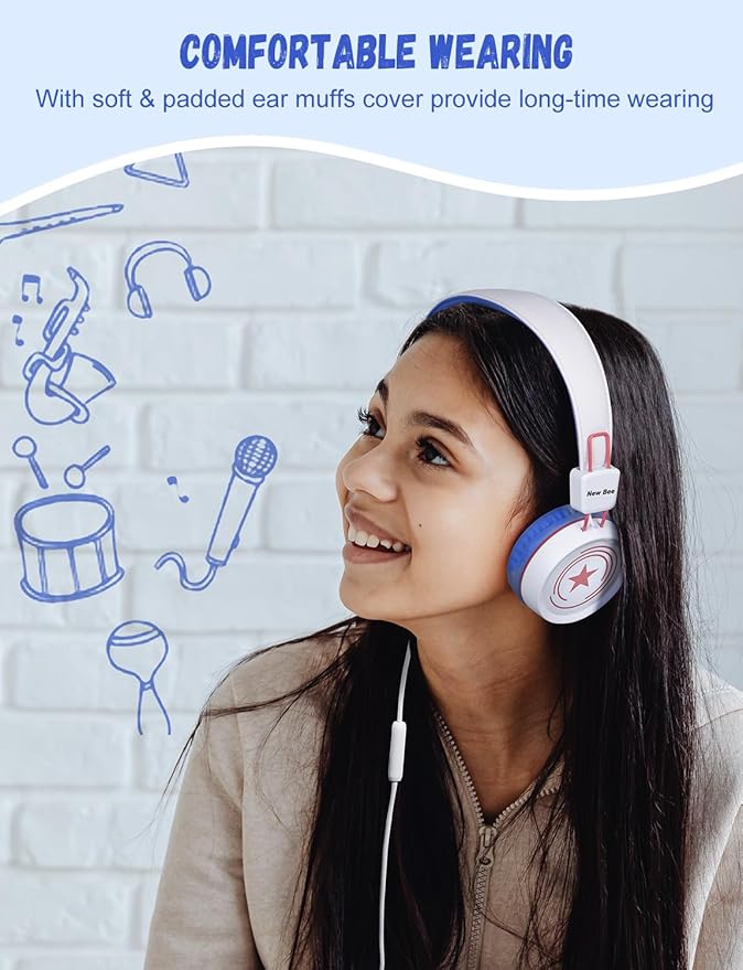 New Bee Kids Headphones for School with Microphone KH20 HD Stereo Safe Volume Limited 85dB/94dB Foldable Lightweight On-Ear Headphone for boy Mac/Android/Kindle/Tablet/Pad
