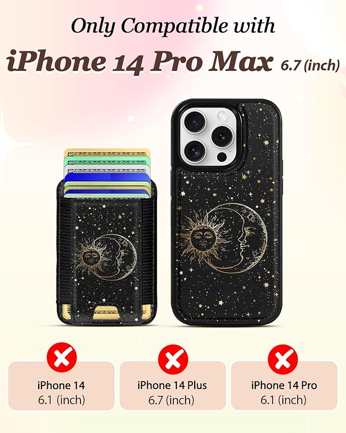 Shorogyt for iPhone 14 Pro Max Case Wallet - Fits 5 Cards, Compatible with Magsafe Detachable Magnetic Credit Card Holder Leather Cardholder Cute Phone Cover Women Girls for Apple 14 ProMax, Sun Moon