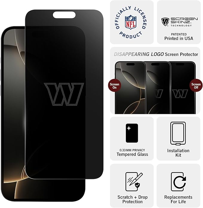 NFL Washington Commanders Privacy Screen Protector for iPhone 16 Pro with Disappearing Logo - Scratch-Resistant and Easy-to-Install Screen Protectors (Includes Installation Tray)