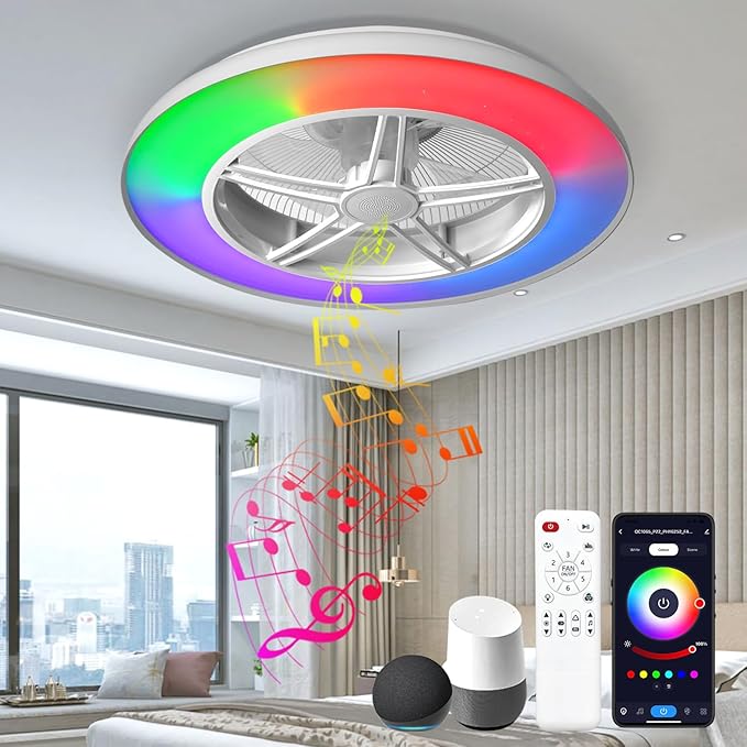 BAYSQUIRREL Samrt Low Profile Ceiling Fan with Light,Bluetooth Bladeless Ceiling Fans with Speaker,RGB-LED Dimmable Reversible Flush Mount Ceiling Fan for Bedroom
