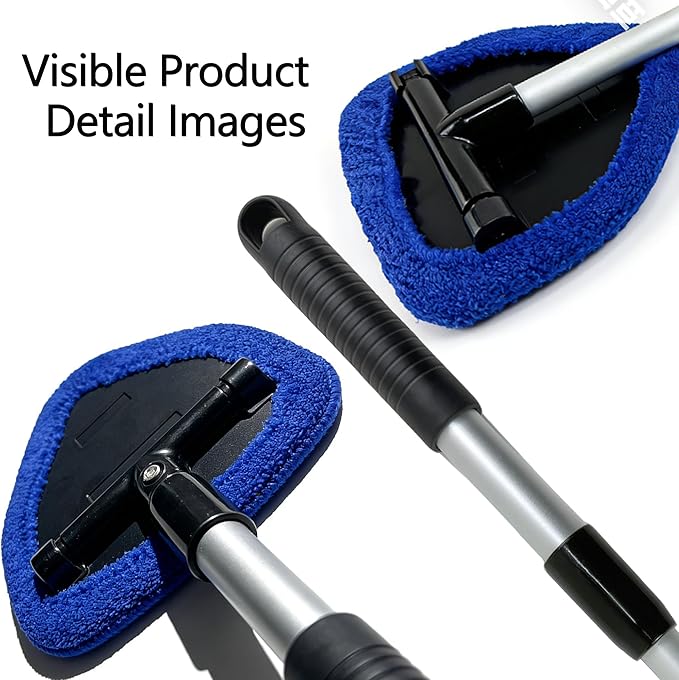Microfiber Car Windshield Cleaning Tool with Extendable Handle,Car Defogging Glass Cleaning Brush with 4 Reusable Microfiber Pads 1 Spray Bottle and 1 Car Dust Removal Brush. (Blue)