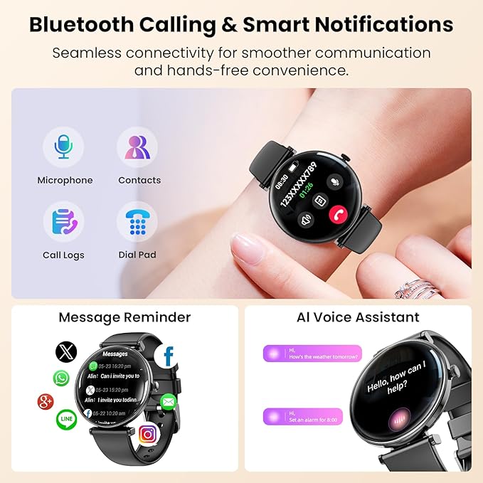 Smart Watch for Women with Android iPhone Compatible[Calls/Metal Thin Body],1.43" Micro-Spherical AMOLED Screen,Sports Watch with Sleep/Heart Rate Monitor,Pedometer for Steps Miles (Pure black)