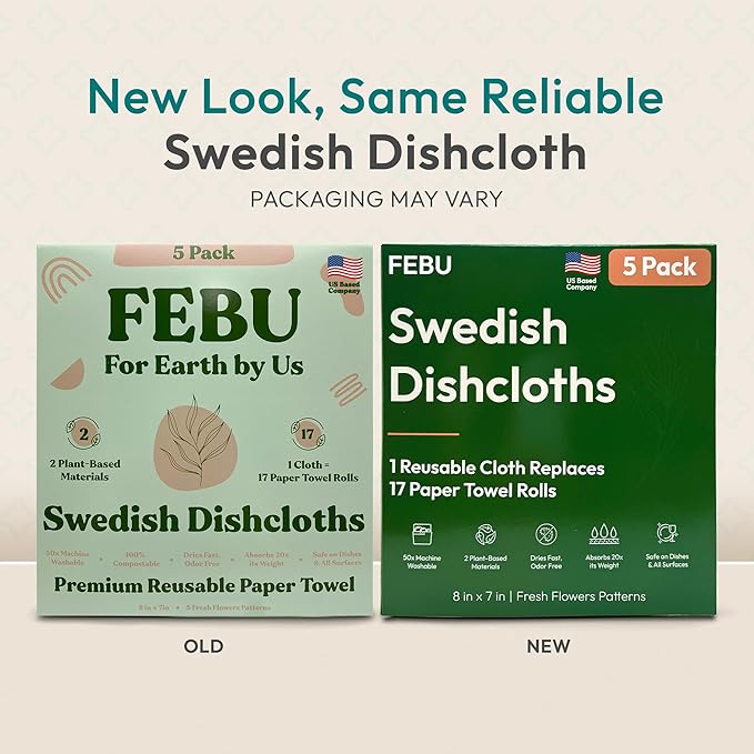 FEBU Swedish Dishcloths for Kitchen | 5 Pack Fresh Flowers Reusable Paper Towels Washable | Swedish Dish Towels | Non-Scratch Cellulose Sponge Cloths | No Odor, Biodegradable Cleaning Cloths